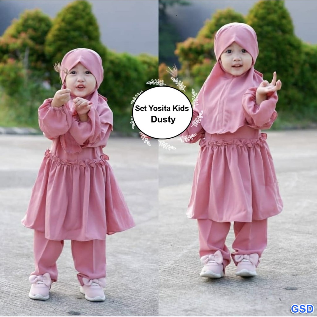 Set Yustia kids/Gamis Anak Bahan Moscrepe/Baju Dan celana Muslim Anak Murah/ Fashion Muslim