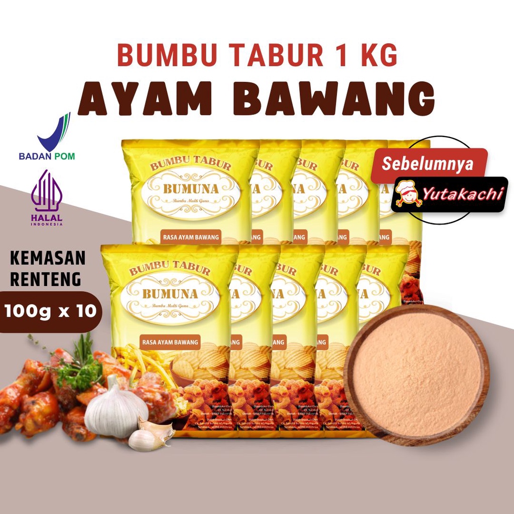 Bumbu Tabur Renteng Rasa Ayam Bawang 1Kg (100gr x 10pcs) Yutakachi / Premium Bubuk Tabur Bumbu Keripik Kentang Lidi Ayam Makaroni Jamur Tahu Penyedap Rasa 1 kg (balado/bbq/pedas manis/jagung bakar/keju) Pusat Bumbu