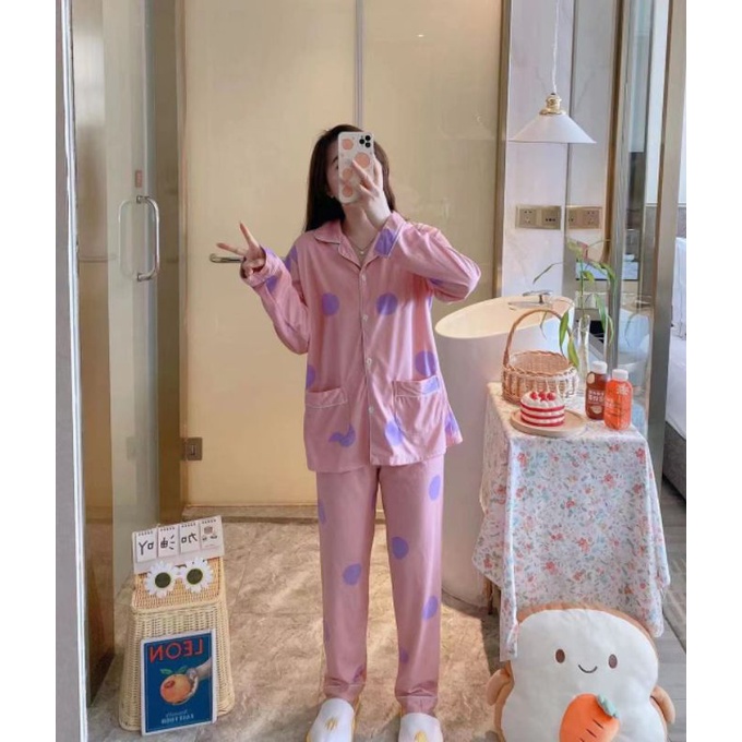 BAJU TIDUR WANITA DEWASA/PIYAMA RENDA PP/BAJU TIDUR IMPORT MURAH-Kerah polka pink