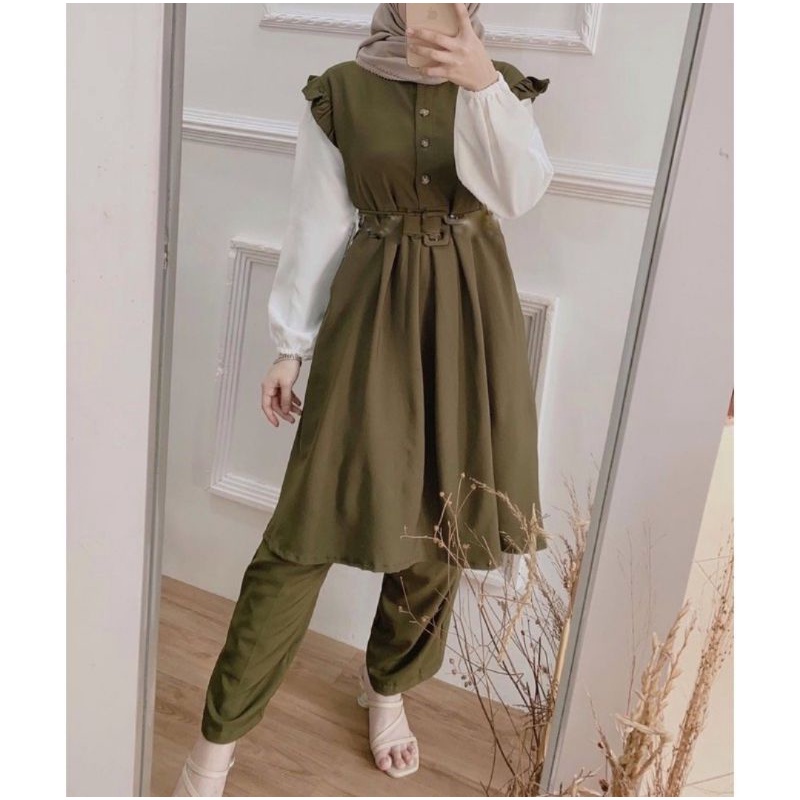 ONE SET JUMBO XXL - STANDART L / XL - ONE SET NIKEN SET / SETELAN WANITA ONE SET DAILY SET TUNIK  FASHION WANITA-Niken Set Army
