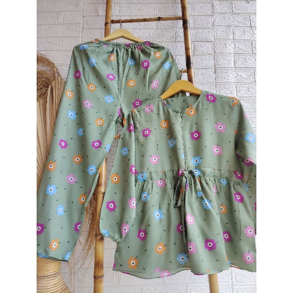 S,M,L,XL,XXL PAJAMAS BUSUI LD 100-120,TANGAN PANJANG,PAJAMAS RAYON DEWASA,ONE SET-BUNGA MATA HIJAU
