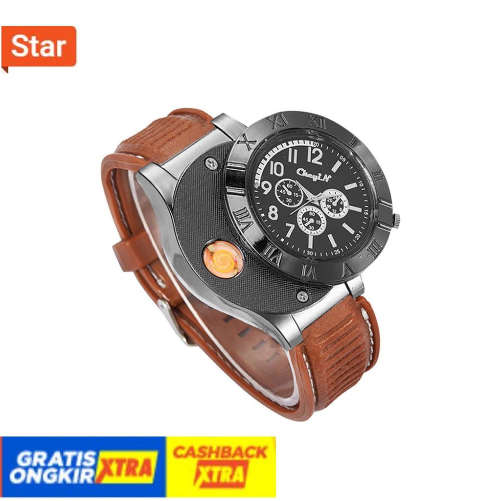 BEST SELLER  - ANTI AIR IMPORT HITAM PUTIH POLOS / Jam Tangan Pria - Korek Api Elektrik USB Api