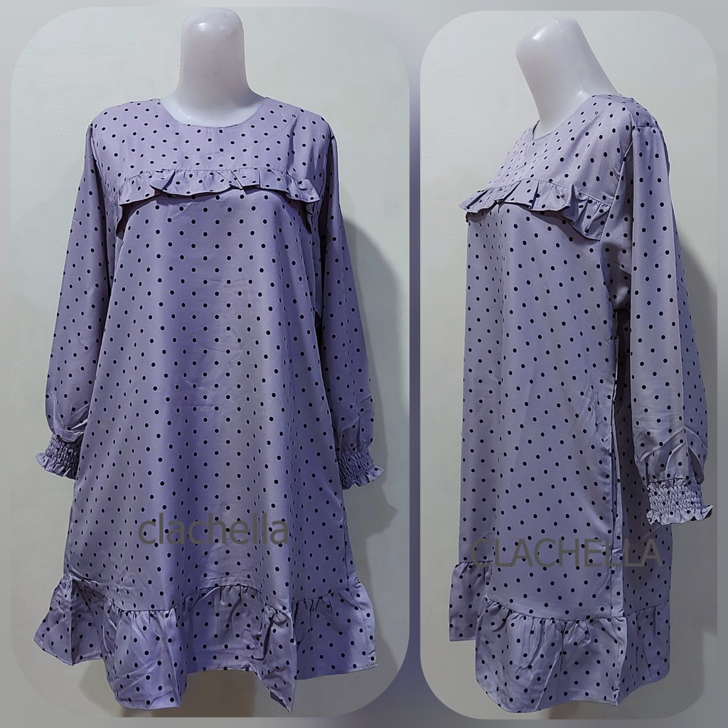 Clachella  Baju Tunik Motif Polkadot, Baju Atasan Wanita T71E8086