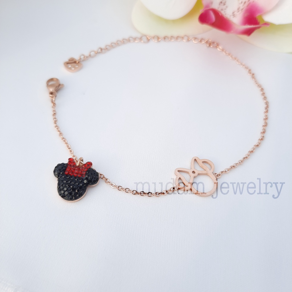 Gelang Rantai Titanium Minnie pita Merah