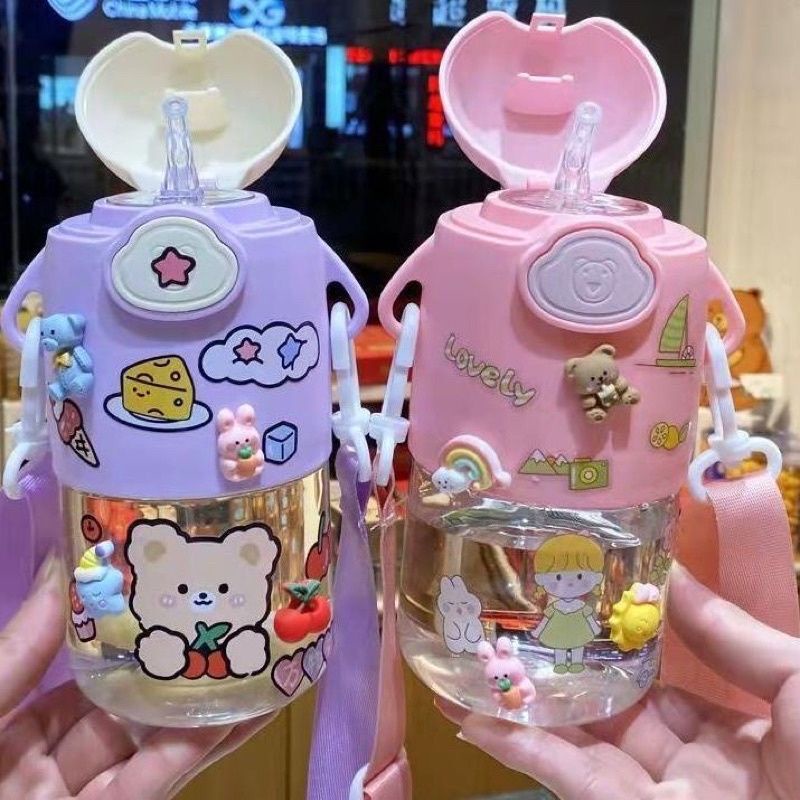 Botol Minum Anak Kartun 600ML Sedotan dan Tali Gratis Stiker 2D YQ-0107