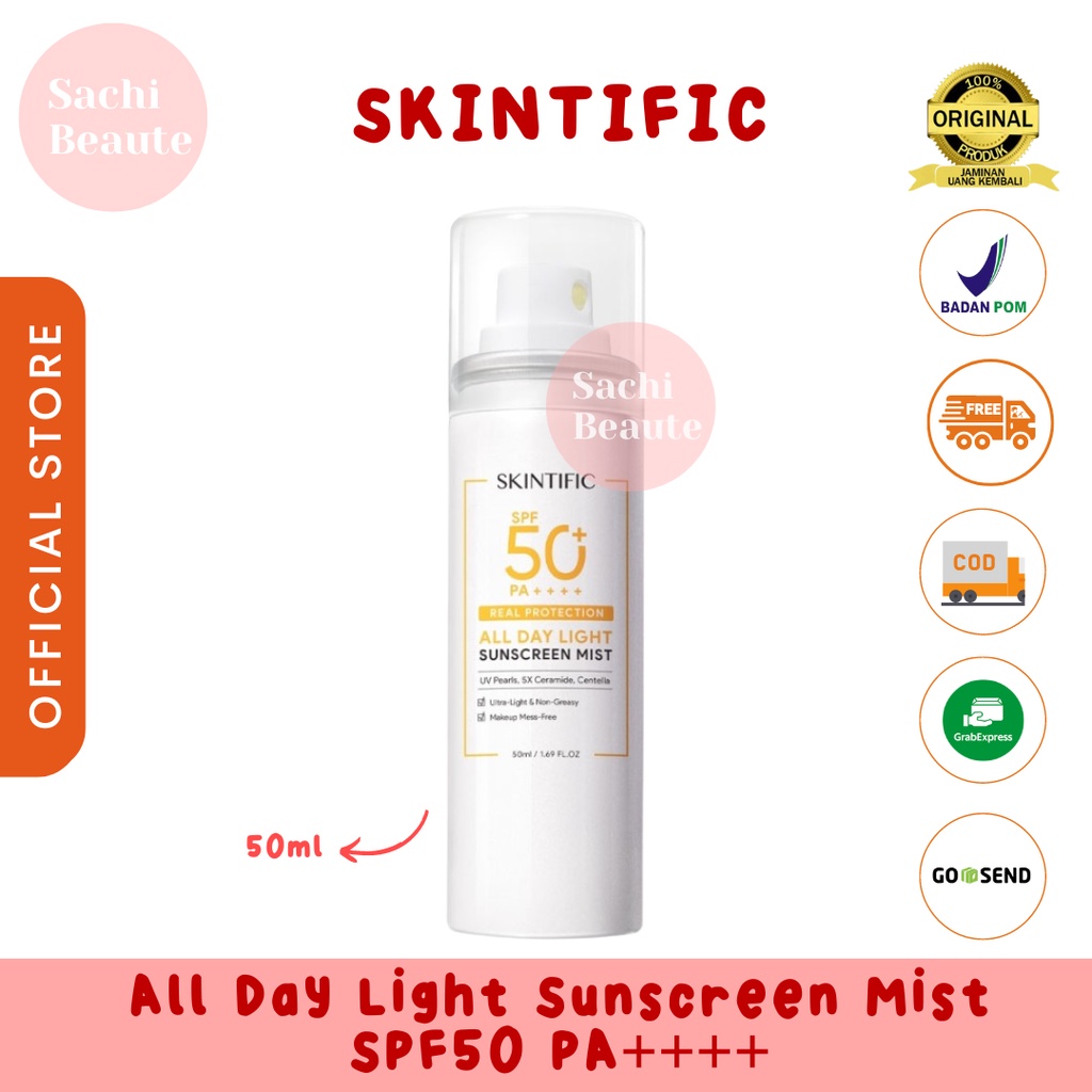 SKINTIFIC All Day Light Sunscreen Mist SPF50 PA++++ Sunscreen Spray Anti UV Wajah/Body Spray 50ml