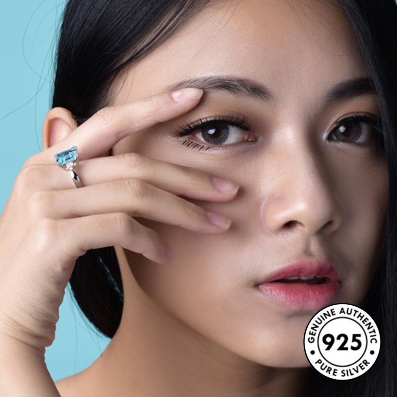 Cincin Sapphire Bentuk Kotak Bahan S925 Silver Gaya Simple Elegan