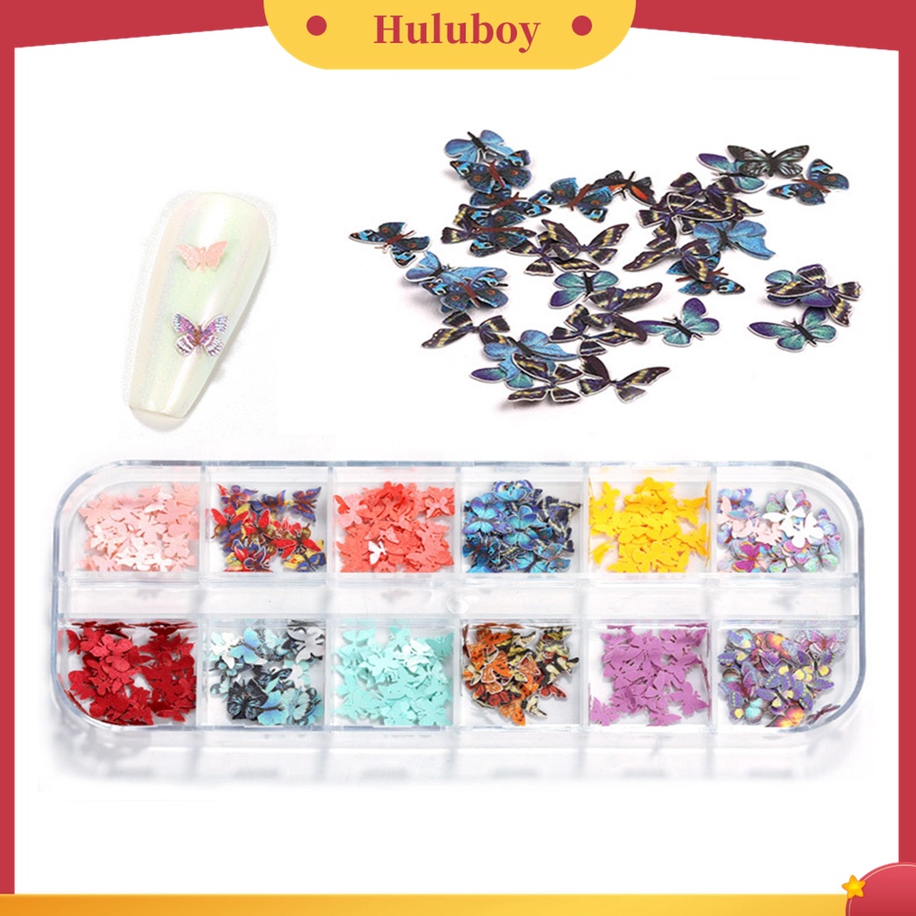 Huluboy Huluboy♡ 1 Kotak Stiker Kuku 3D Motif Kupu-Kupu Glitter 12 Warna Untuk Manicure