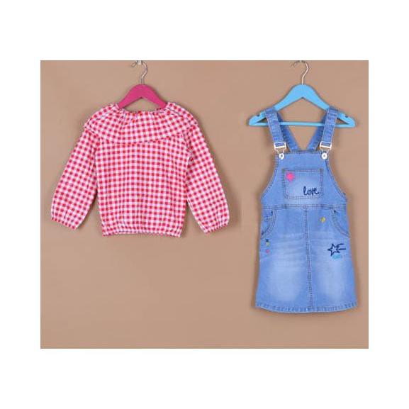 BAJU SETELAN ANAK PEREMPUAN KATUN KOTAK MERAH DRESS OVERALL JEANS