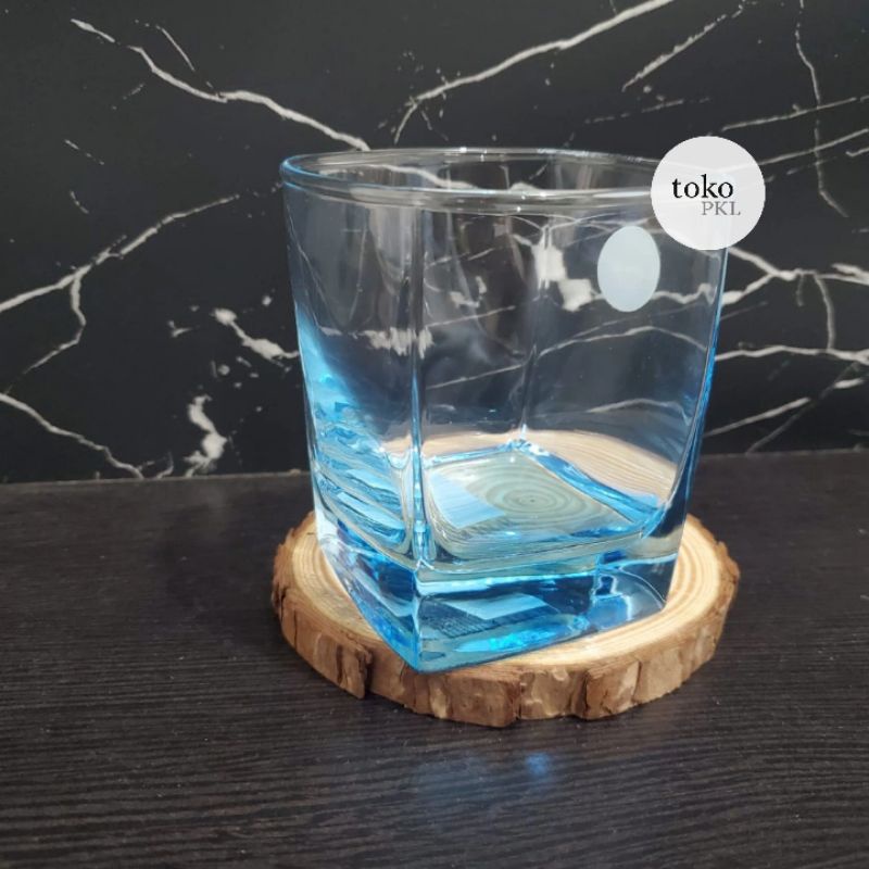 gelas biru 300ml kaca kotak