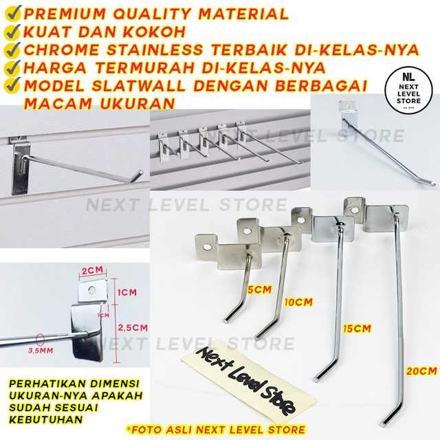 Slatwall Hook Cantolan 20 CM TEBAL 3,5mm Stainless Slat Slot Wall Jepit Gantungan Rak Display Aksesoris