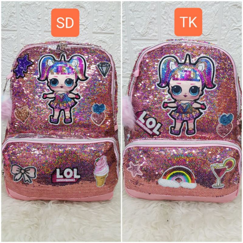 Tas Sekolah Anak Sequin Motif Gambar Frozen LOL Unicorn Ransel Sekolah Anak SD dan TK Sequin Usap Backpack Anak Perempuan dan Laki - Laki