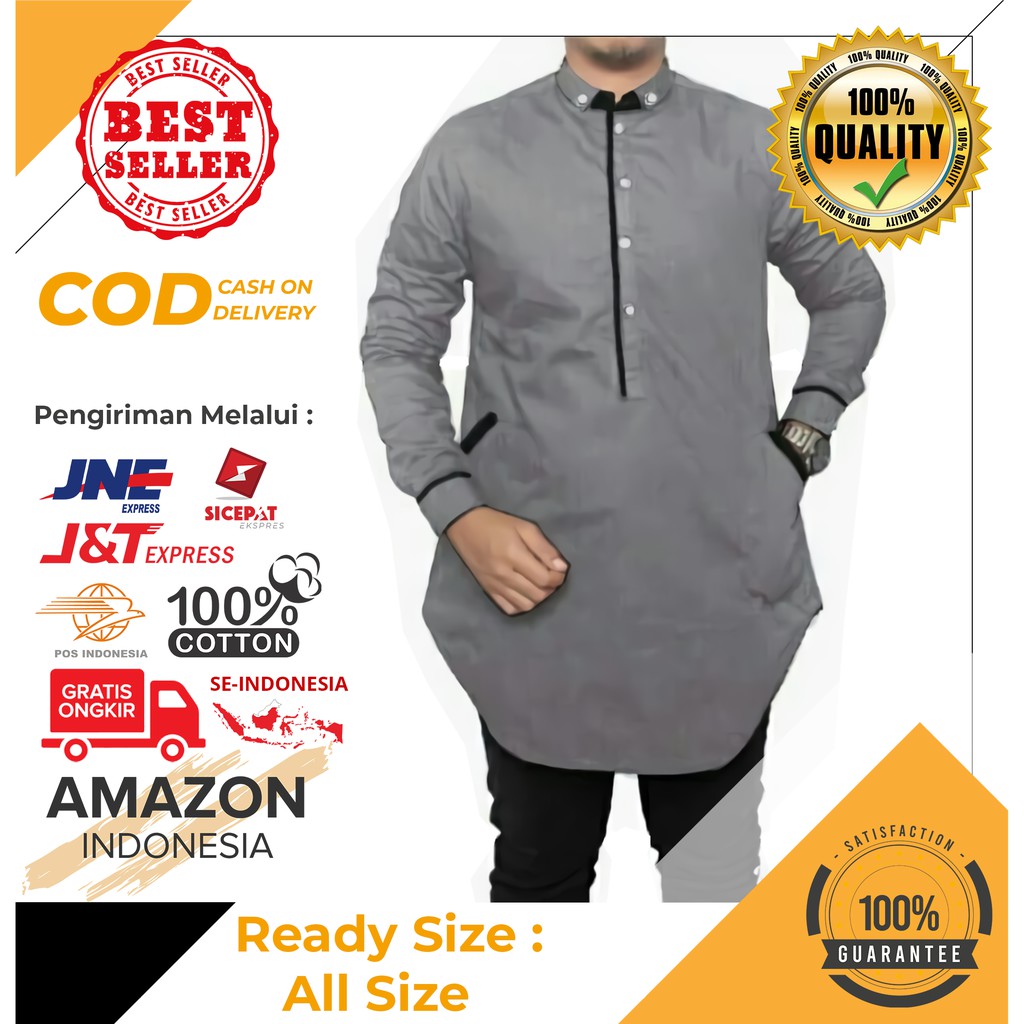 FASHION ATASAN PRIA BJU KOKO WARNA GREY ABU MODEL PANJANG BAHAN KATUN ORIGINAL GOOD QUALITY MURAH