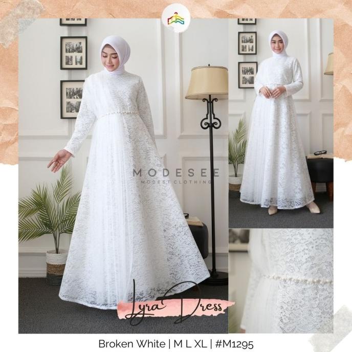 Modesee Gamis Putih Polos Brukat Mewah Aksen Payet Wanita Muslim Lyra Murah