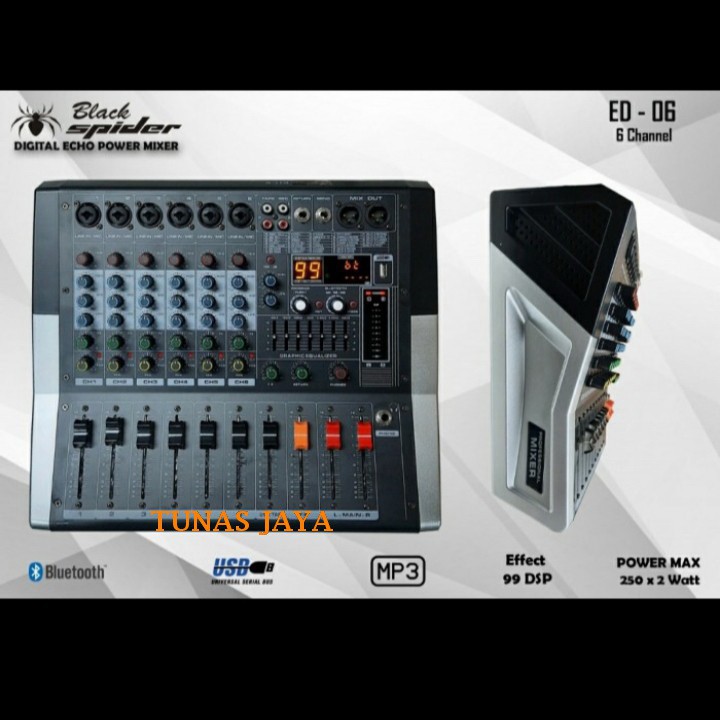 Power Mixer Blackspider PMX ED6 Mixer Blackspider ED6  250wattX2 Bluetooth 6 Channel POWER MIXER BLA