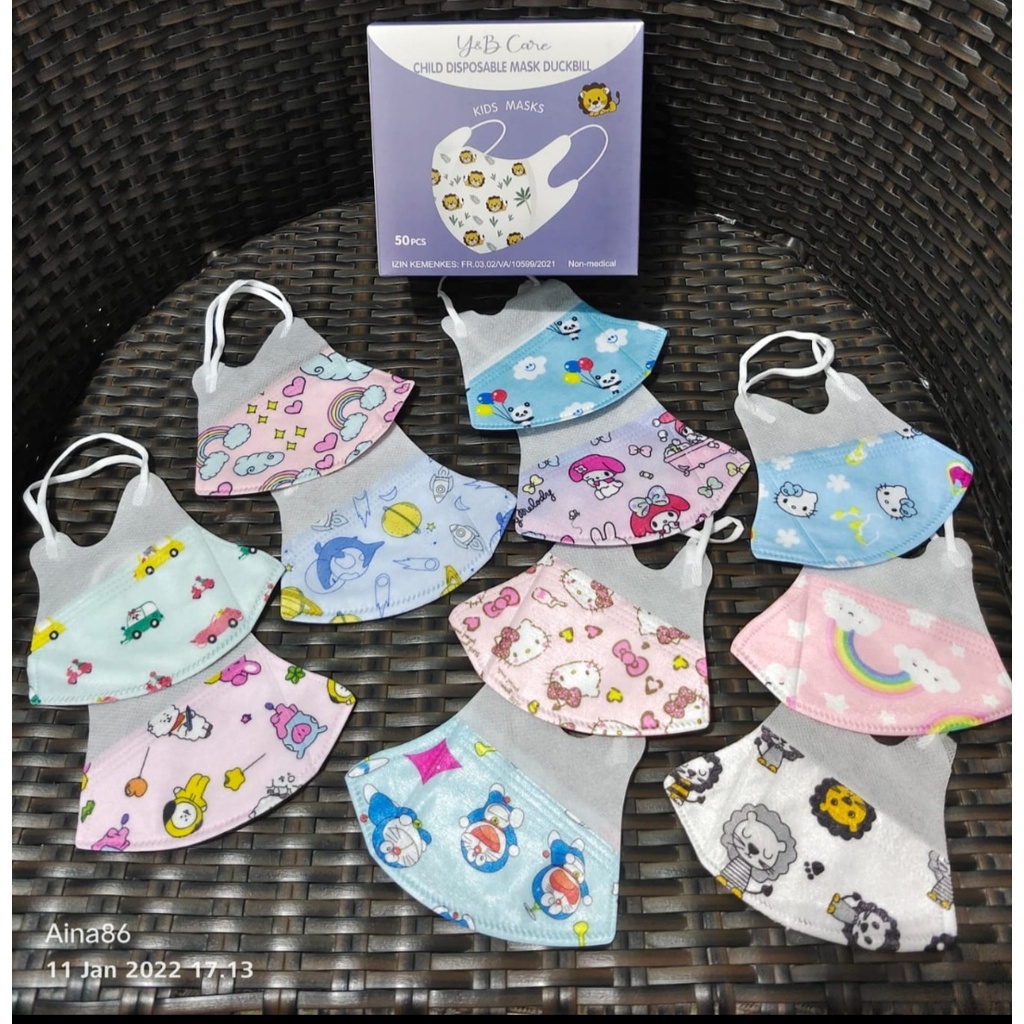 Masker Anak Y&B Care duckbill motif lucu 3ply earloop 10 50 pcs facemask