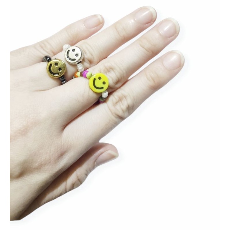 Cincin Elastis Mote Senyum Smile Bohemian Glass Beads Ring Fashion Accessories Emoji