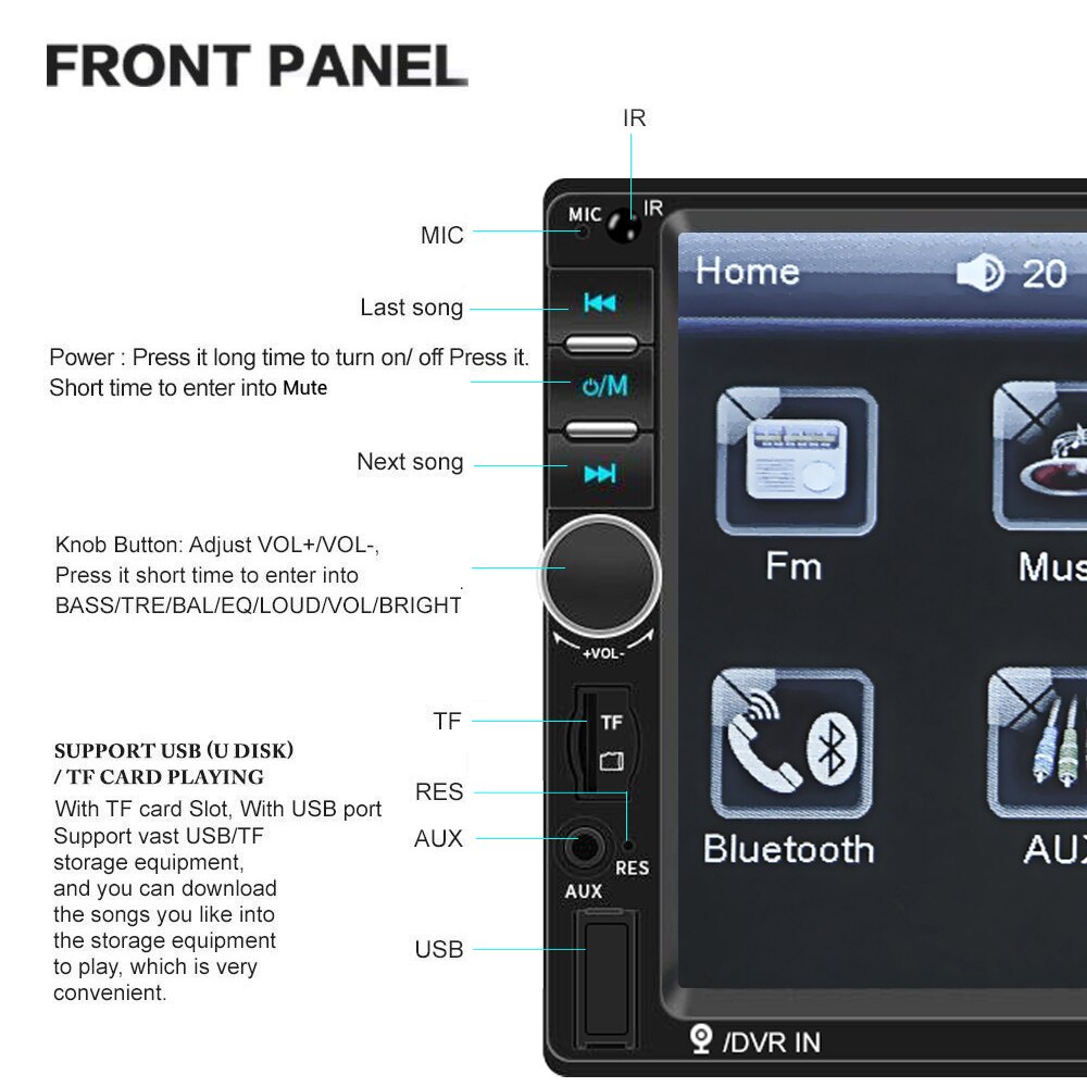 Dennos 7018B Head Unit Double Din 7 Inch Bluetooth Audio Car MP3 MP5 Player In Touch Screen Radio