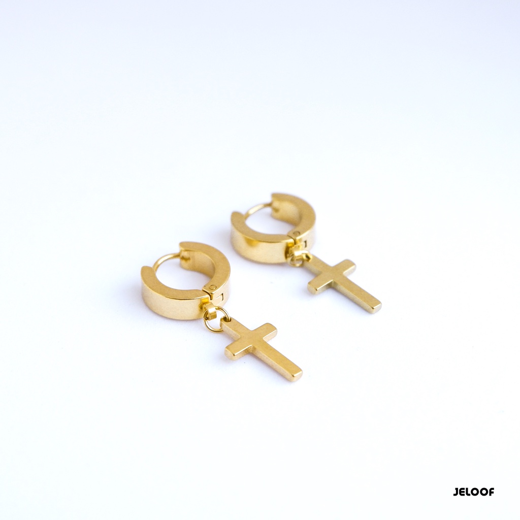 Jeloof Anting Salib Classic GOLD | TINDIK | Stainless Steel Antikarat | Classic Earring Anting Gold Anting Emas