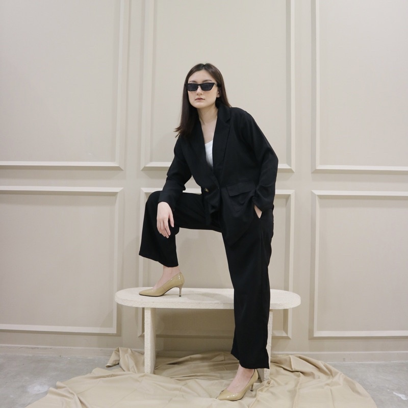 MSMO Set Long Blazer Culotte / Set Wanita / Setelan Wanita / Blazer Wanita / Set Blazer-Black (roma)