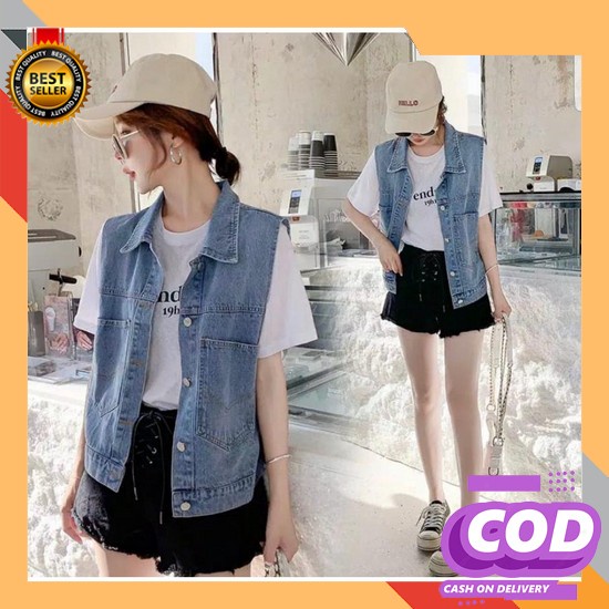 Jaket Baggy Jacket Jeans Oversize Wanita Original Karet Lengan Balon P 944 - Rompi Jeans Wanita Kore
