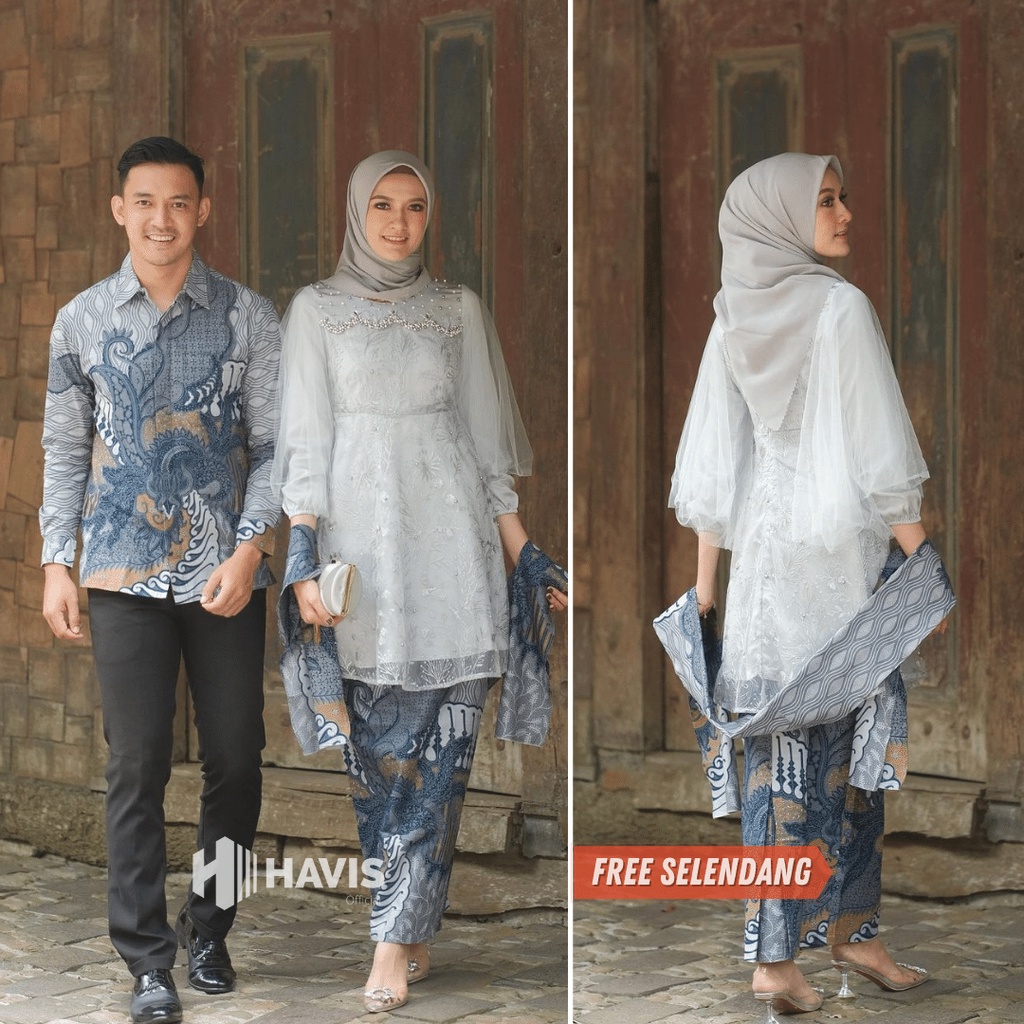 Luna Grey Kebaya Couple Wisuda Modern Setelan Kebaya Brokat Batik Tunangan Lamaran Kondangan Terbaru Havis Collection