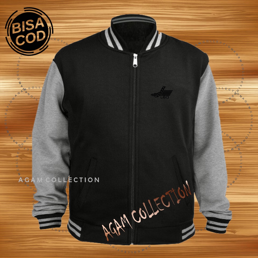 Jaket Varsity Distro Lea Logo Premium Quality Text Hitam Pakaian Pria &amp; Wanita Sweater Varsity Big Size