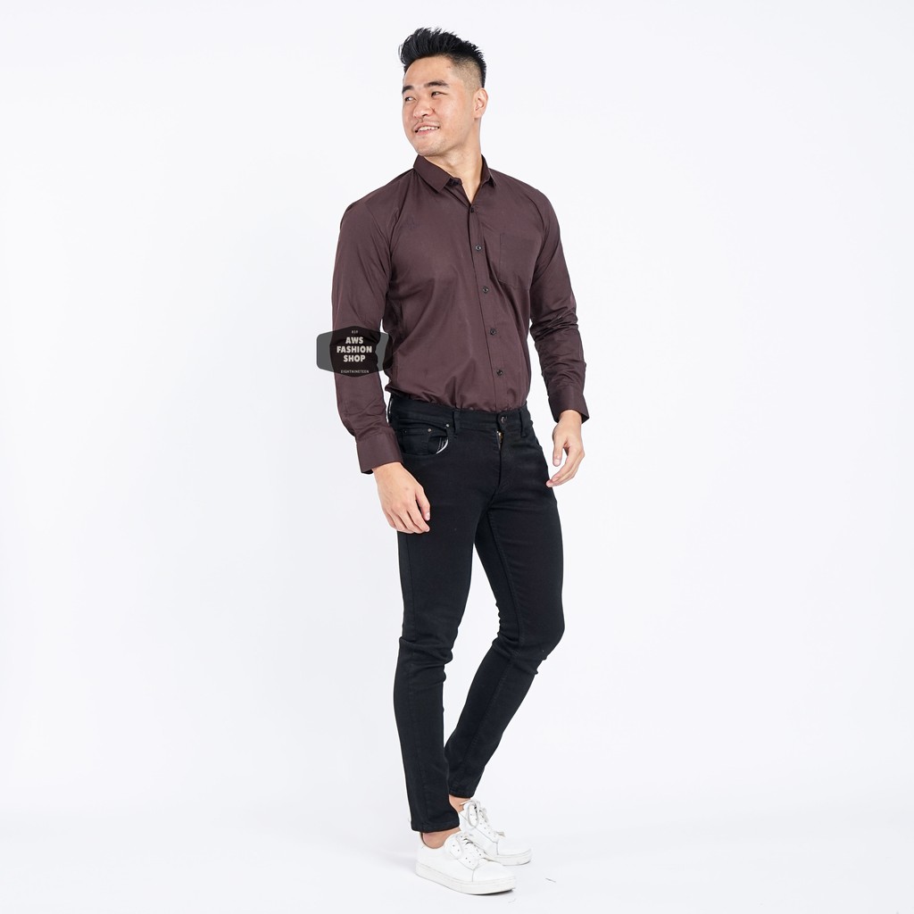 Kemeja Pria Lengan Panjang Polos Coklat Tua Dark Brown Kemeja Cowok Keren Casual Slimfit 3242