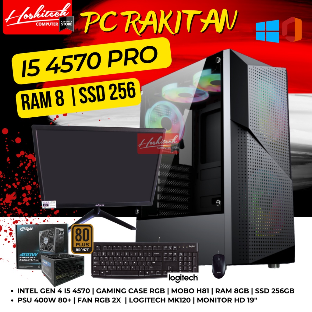 PC RAKITAN I5 EDITING GAMING PRO I5 4570 RAM 8GB SSD256 MONITOR 19