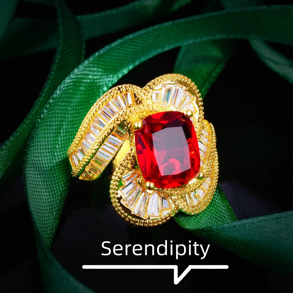 Cincin Emas Emas Asli Kadar 375Hias Berlian Ruby Bentuk Persegi Gaya Italia Retro