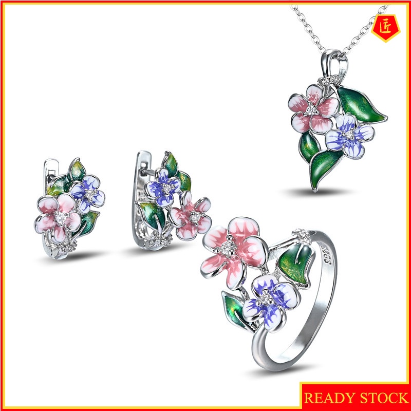 [Ready Stock]Flower Enamel Earrings Ring Set Elegant Necklace