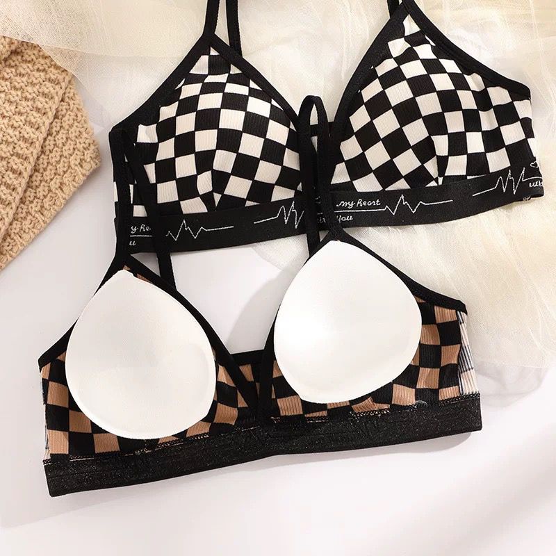 HUES.ID Bra Wanita Tanpa Kawat Bahan Halus BH Pakaian Dalam Bra Push Up Motif Catur 1086