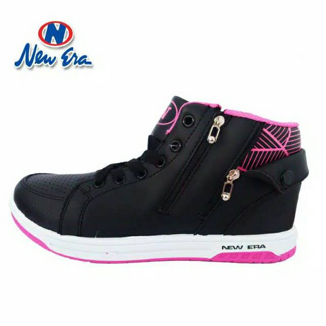sepatu sekolah new era tuscany hitam putih pink,stok terbatas