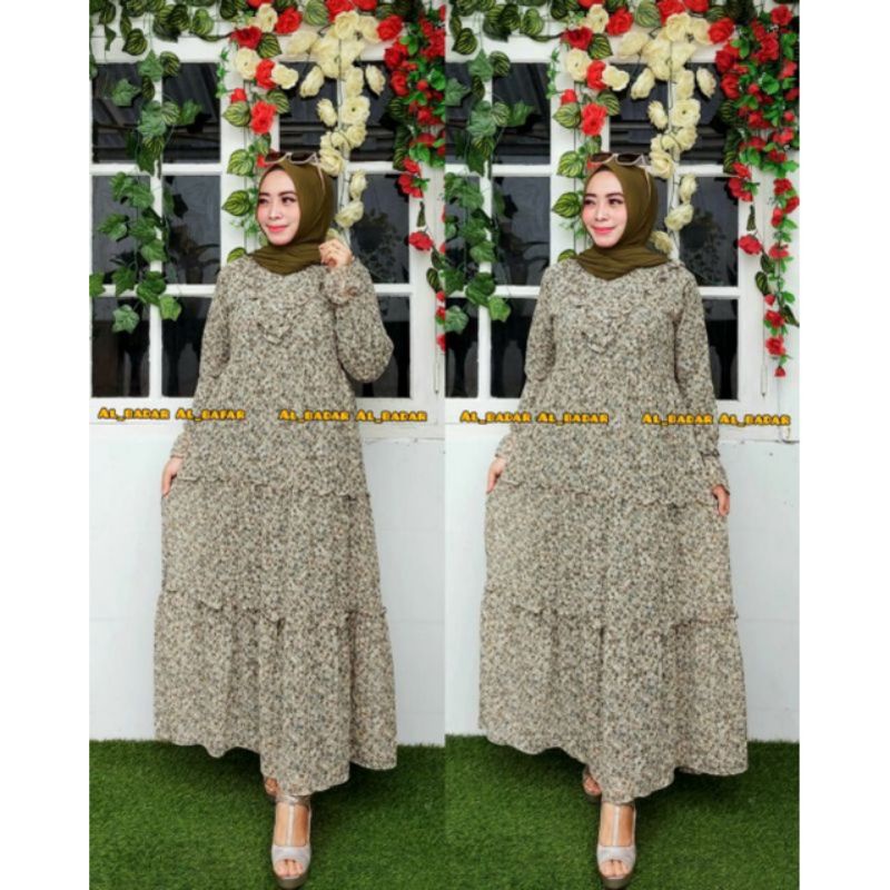 GAMIS CERUTY BABY DOLL MOTIF BUNGA REMPEL VI GAMIS MODEL TERBARU GAMIS MOTIF BUNGA KOMBINASI POLOS