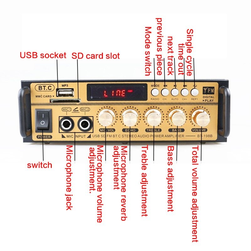 220V Power amlipfier HIFI Stereo Echo Mic audio bluetooth amplifier karaoke wireless Ampli Stereo 300Wx2 BT-198B Murah Mixer KYYSLB Audio 4 - 8 Ohm Hometheater Junejour