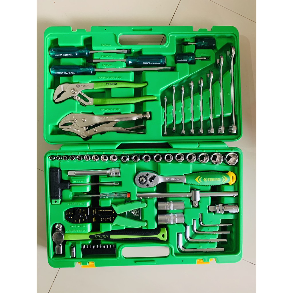 TEKIRO 100 Pcs Mekanik Tool Box Set Stang Gagang Mata Obeng Kunci Sok L Busi Rachet Sleding Ring Pas