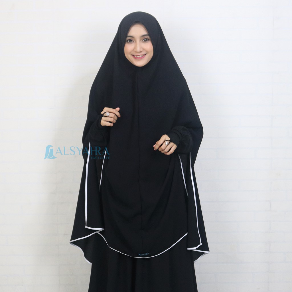 Set Khimar Syari Handsplit Non Pet Cadar Tali Bisban Jetblack Edition Alsyahra Exclusive