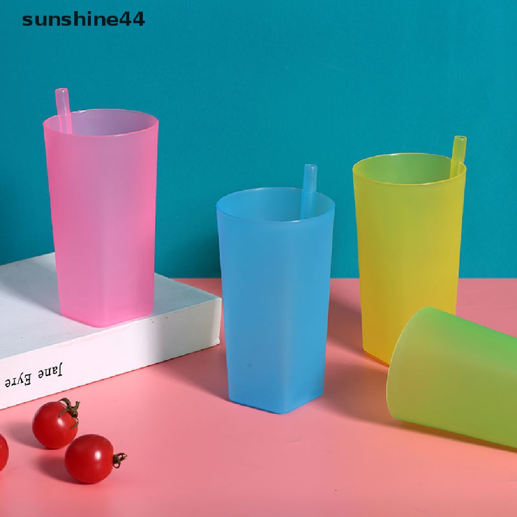 Sunshine 1pc Gelas Minum Dengan Sedotan Built in Warna Polos Untuk Bayi / Anak