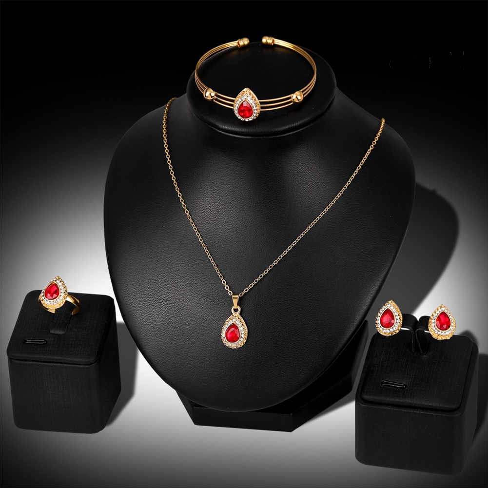 OW@ Women Retro Water Drop Gold Plated Jewelry Set Necklace Bracelet Earrings Ring