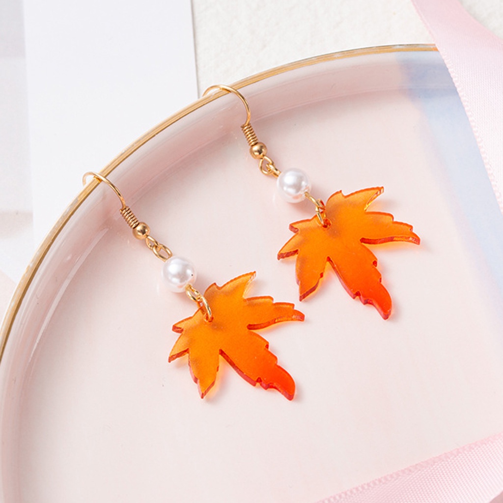 Hu Hu Hu Hu Hu Alat Bantu Pasang Kacamata♡ 1 Pasang Anting Kait Gantung Wanita Desain Daun Maple Oranye Hias Mutiara Imitasi Untuk Hadiah