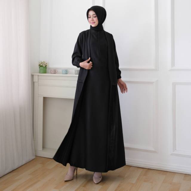 GAMIS BLACK ROBE PLISKET FIT TO L. BUSANA GAMIS MUSLIM WANITA DEWASA REALPICT