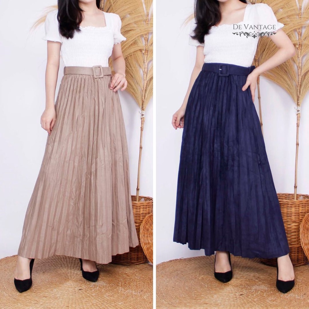 Rok Plisket Suede / Rok Gesper Panjang / Pleated Suede Skirt with Belt