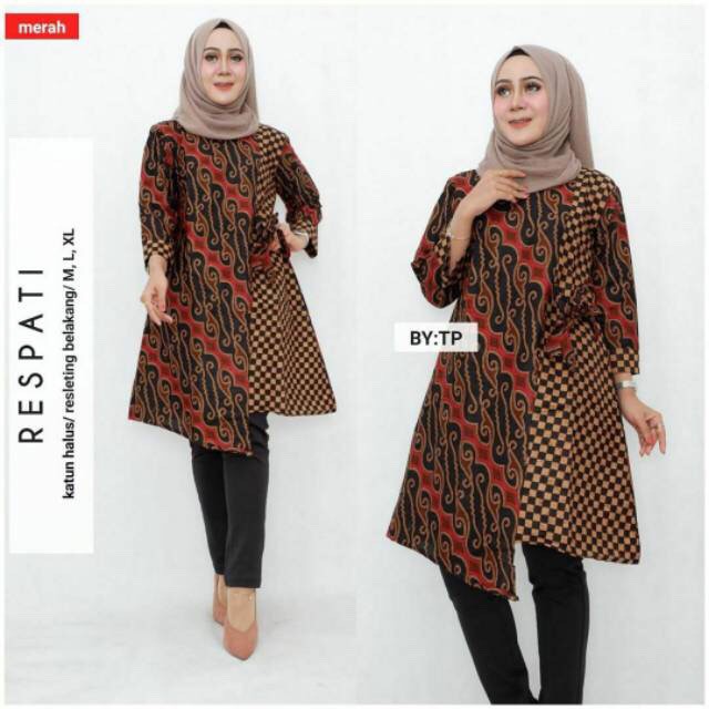 Tunik Respati Kotak Mozaik Layer Kombinasi Batik Sogan Modern Midi Casual Kerja Seragam Kantor Sogan