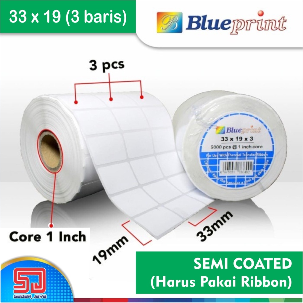 Blueprint Sticker label 33 x 19mm 3 Line Baris Semi Coated Stiker Barcode