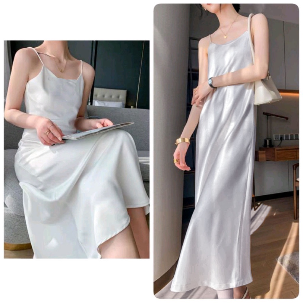 Long Dress Satin Wanita tali kecil korean outfit 903