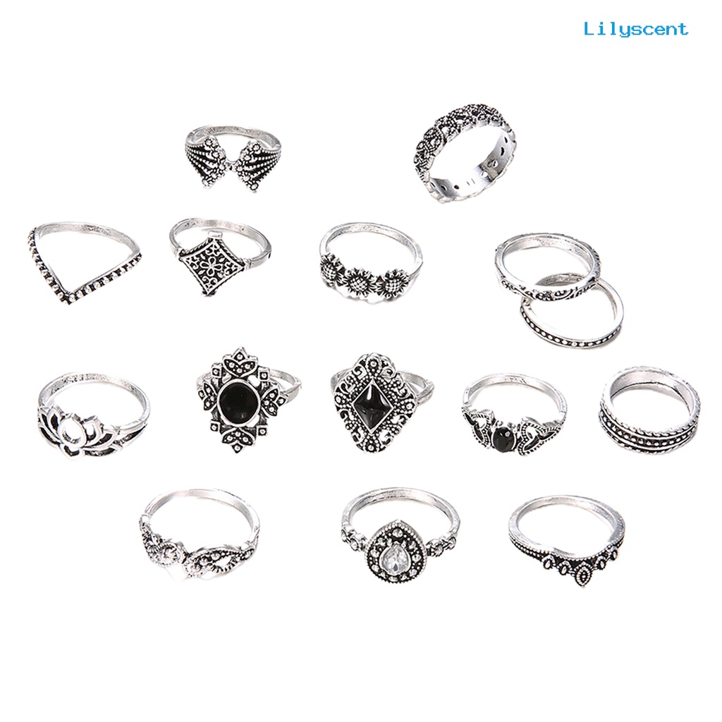 15pcs / Set Cincin Jari Tumpuk Bentuk Bunga Matahari Teratai Geometris Aksen Batu Permata Tiruan Untuk Wanita