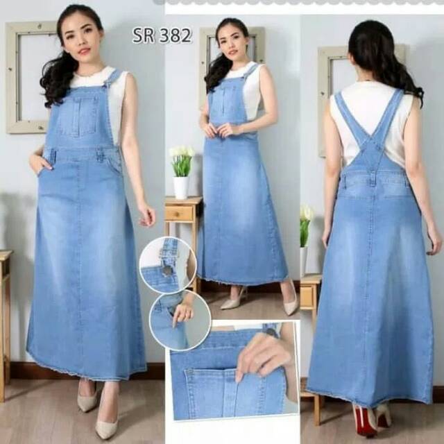 Baju  overall deress jumpsuit  rok kodok  polos panjang bahan jeans lentur