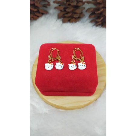 Anting Gantung Hello Kitty cat, Perak 925, Sepuh Emas Kuning