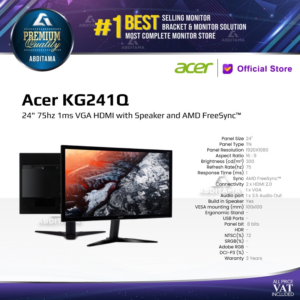 Monitor LED Gaming Acer KG241 KG241Q 24" 75hz VGA HDMI Speaker