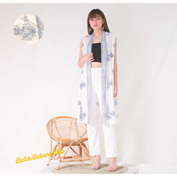 jaket wanita Outer Batik Vest Rompi. Long Vest Tunik Batik Jumbo Big - Pagoda White jeans hoodie kek